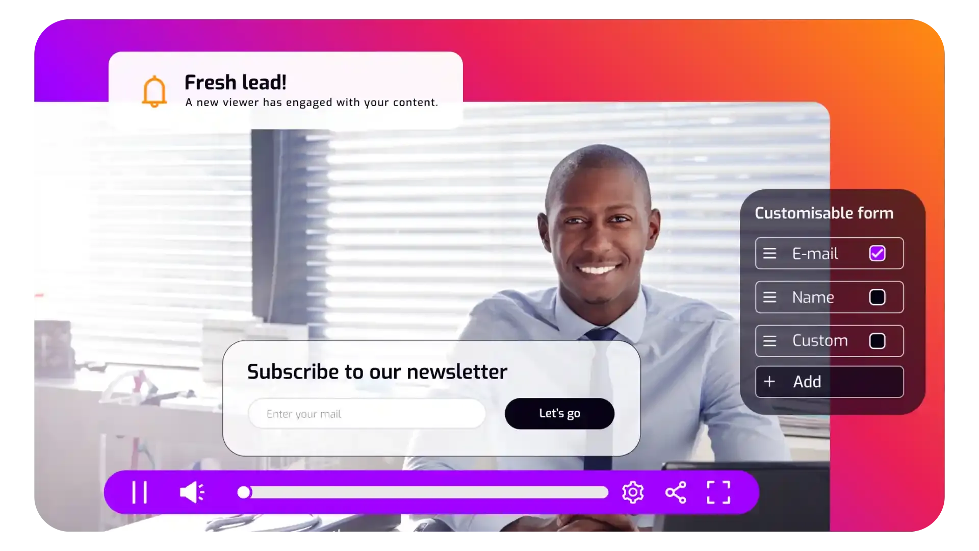 Interactive video lead generation form displayed on Cinema8 platform, showing a customisable email capture prompt triggered by viewer engagement